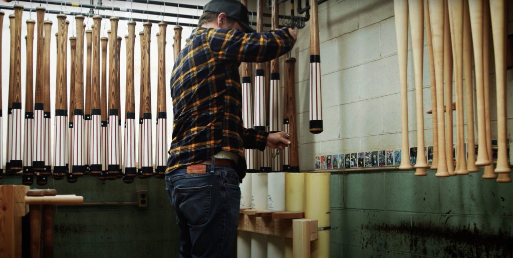 Pillbox Bat Co. bat maker at work in the Winona, Minnesota shop, from a video produced by Moxie Creative