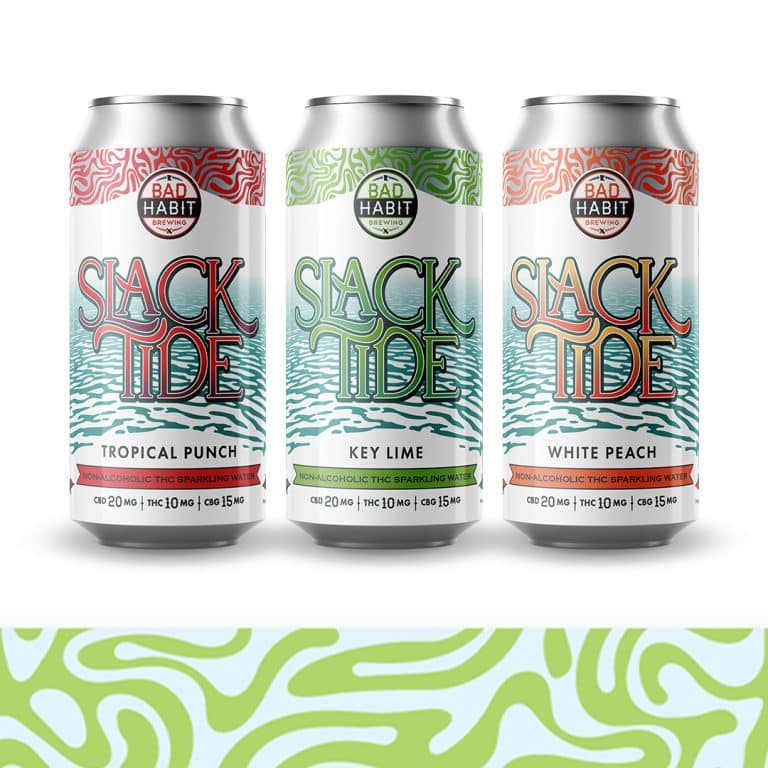 Three Slack Tide THC seltzer cans designed by Moxie Creative for Bad Habit Brewing