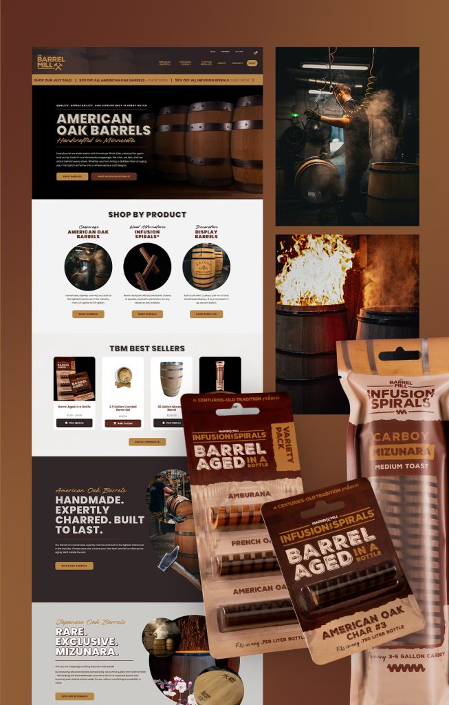 The Barrel Mill e-commerce website, barrel charring photography, and Infusion Spiral packaging designed by Moxie Creative