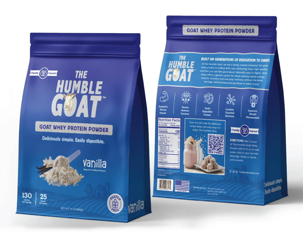 The Humble Goat goat whey protein packaging, front and back, designed by Moxie Creative