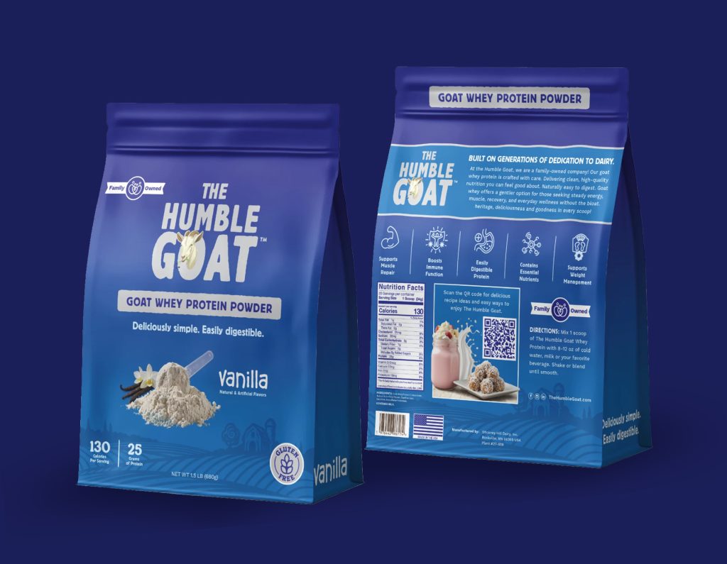 The Humble Goat vanilla goat whey protein powder bag packaging, front and back, designed by Moxie Creative