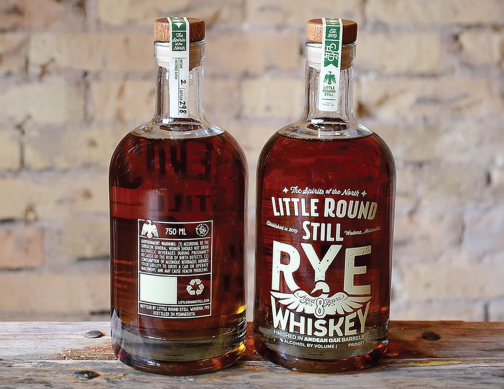 Little Round Still Rye Whiskey bottles, front and back labels designed by Moxie Creative