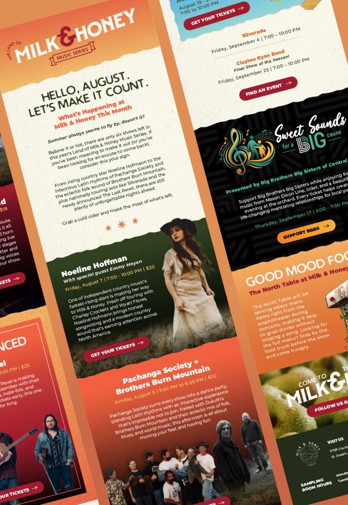 Milk & Honey Ciders Summer Music Series August email designed by Moxie Creative