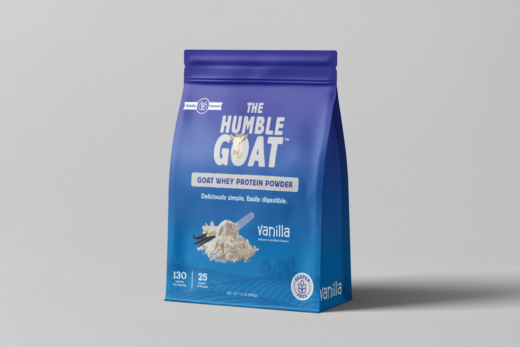 The Humble Goat goat whey protein powder bag designed by Moxie Creative for Stickney Hill Dairy