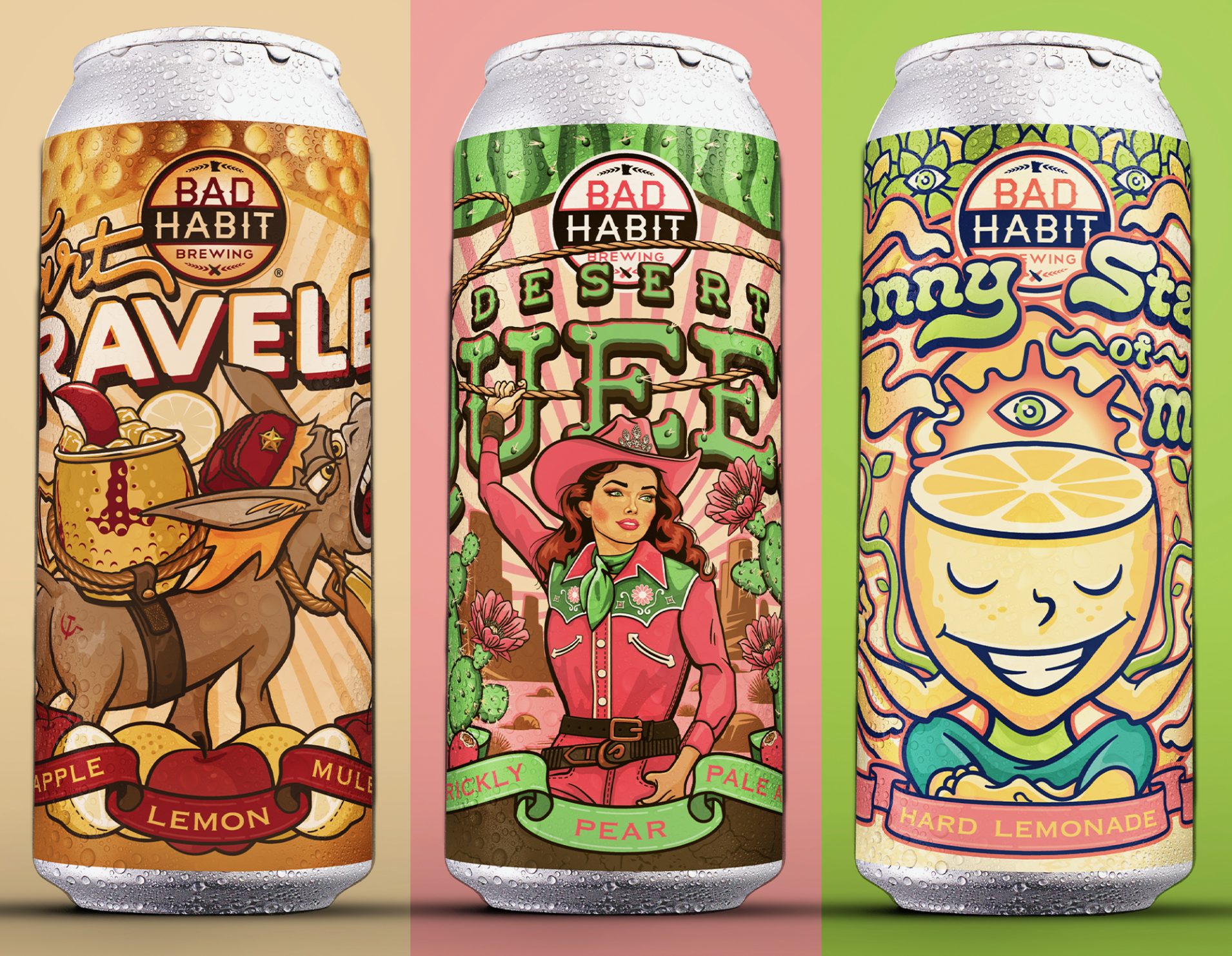 Bad Habit Brewing cans designed by Moxie Creative: Apple Lemon Mule, Desert Queen Prickly Pear Pale Ale, and Sunny State of Mind Hard Lemonade