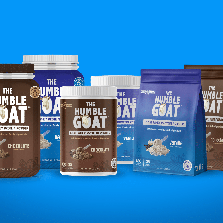 The Humble Goat goat whey protein powder jars and bags for Stickney Hill Dairy designed by Moxie Creative