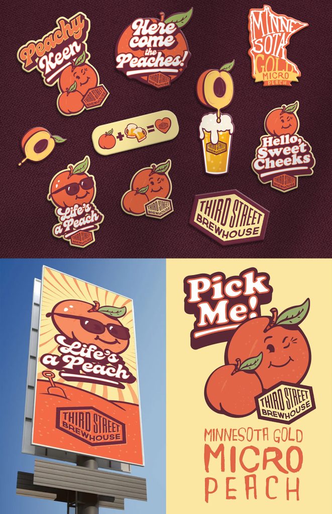 Third Street Brewhouse Micro Peach stickers, "Life's a Peach" billboard, and poster designed by Moxie Creative