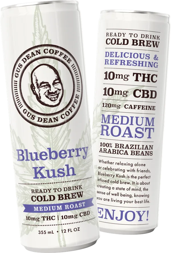 Gus Dean Coffee Blueberry Kush THC cold brew can packaging designed by Moxie Creative