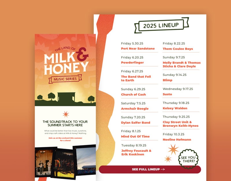 Milk & Honey Summer Music Series lineup and promotional materials designed by Moxie Creative